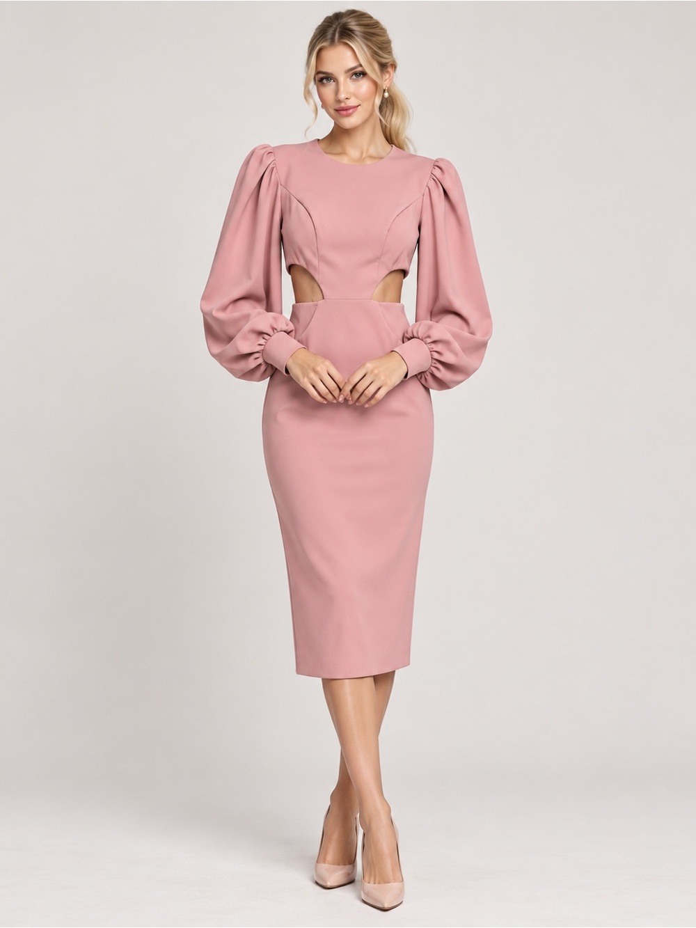 Badgley Mischka Blush Pink Cutout Puff Sleeve Midi Dress GALA Cocktail SZ 6 MOB